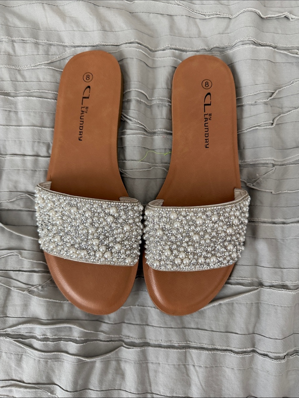 CL by Laundry Pearl-Embellished Tan Slide Sandals